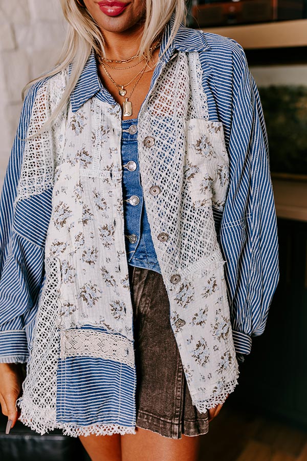 Premium Boho Chic Lace Button-Up Blouse | Blue Floral Print