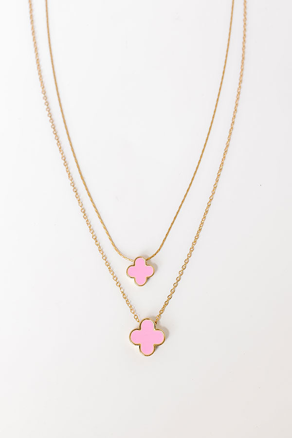 Premium Layered Necklace with Pink Quatrefoil Charm
