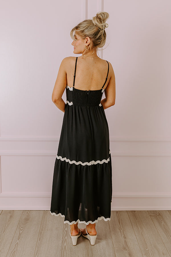 Ultimate Boho Bliss Scalloped Midi Dress - Black