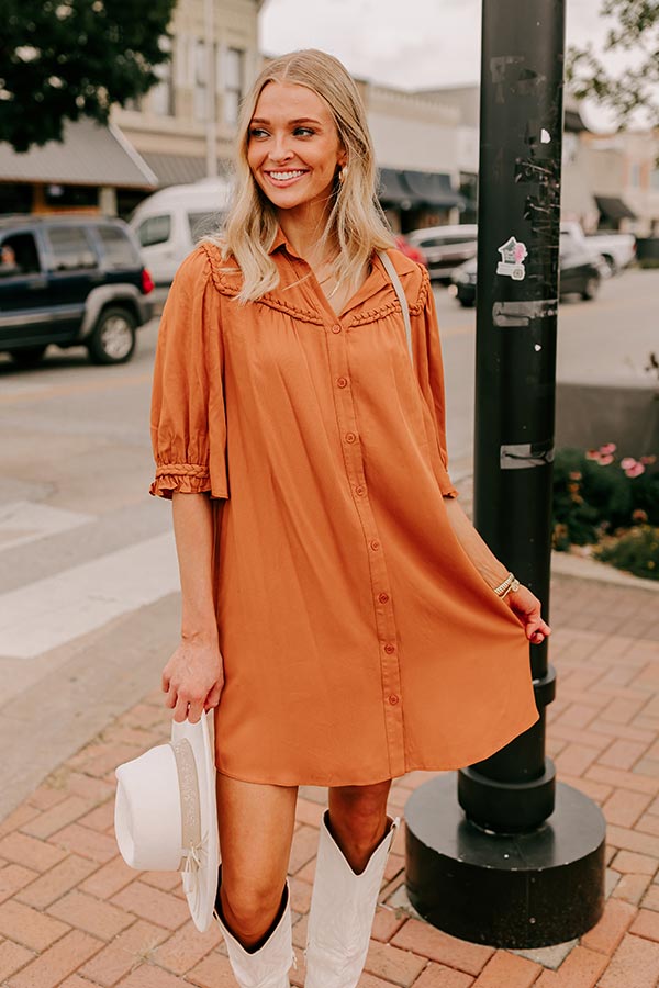 Premium Falling Leaves Button Down Mini Dress in Pumpkin - Ultimate Autumn Style