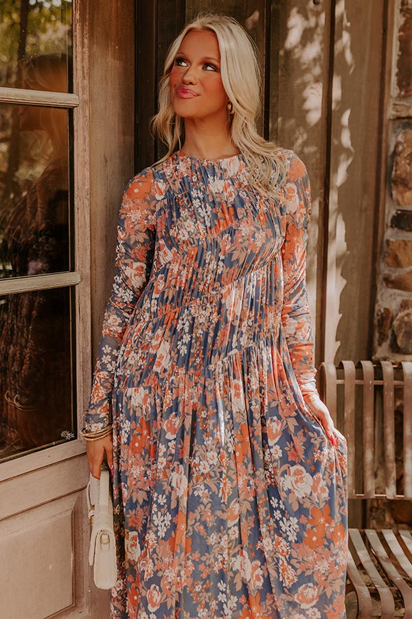 Ultimate Blue Vineyard Cutie Floral Mesh Midi Dress