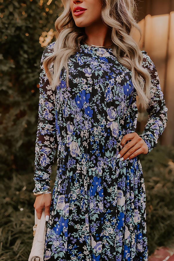 Ultimate Vineyard Cutie: Asymmetrical Floral Mesh Midi Dress in Black