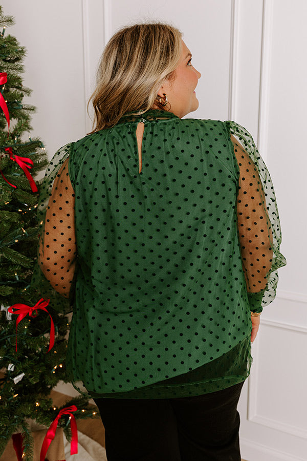 Premium Hunter Green Chiffon Polka Dot Shift Top with Sheer Sleeves