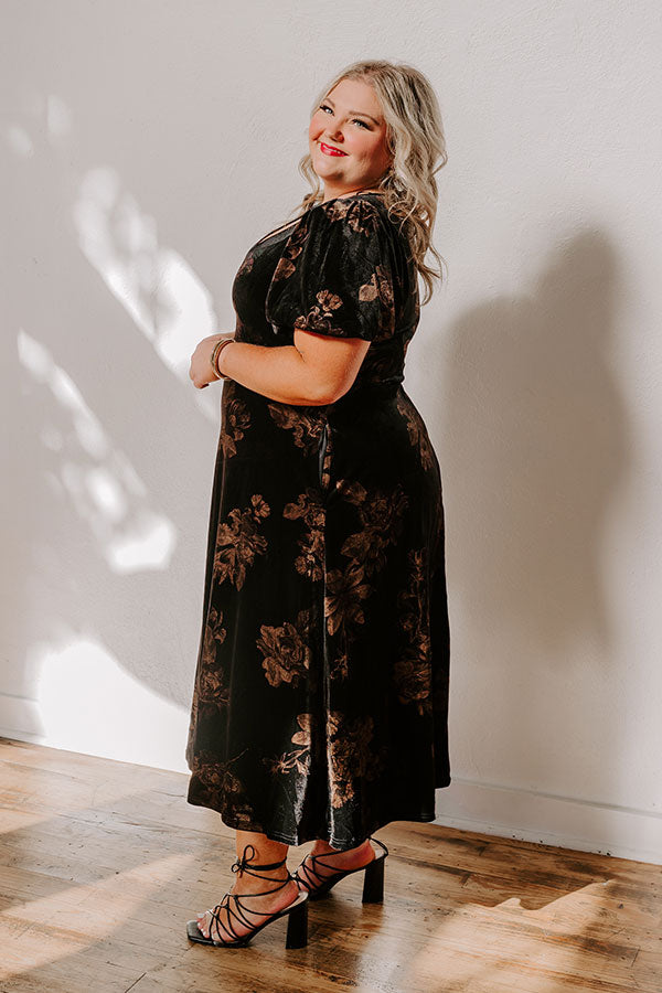 Premium Maple & Mahogany Floral Velvet Midi Dress