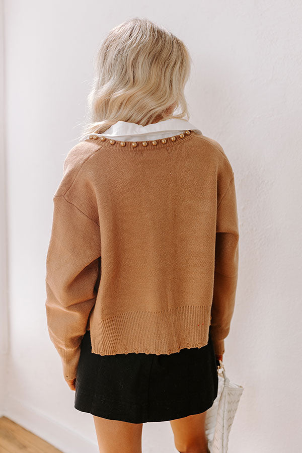 Premium Chic Pearl Embellished Cardigan - Camel