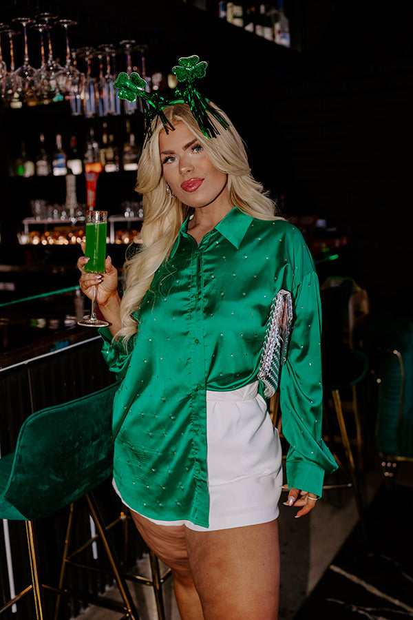 Premium Milan Muse Rhinestone Satin Blouse - Kelly Green Elegance