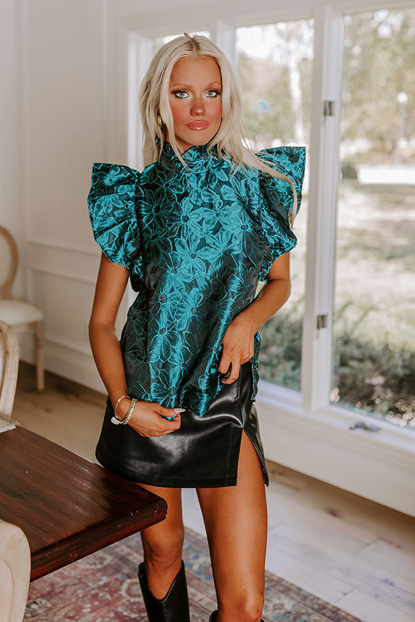 Premium Teal Floral Jacquard Ruffle Top - Ultimate Elegance