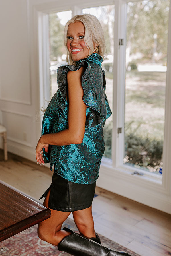 Premium Teal Floral Jacquard Ruffle Top - Ultimate Elegance