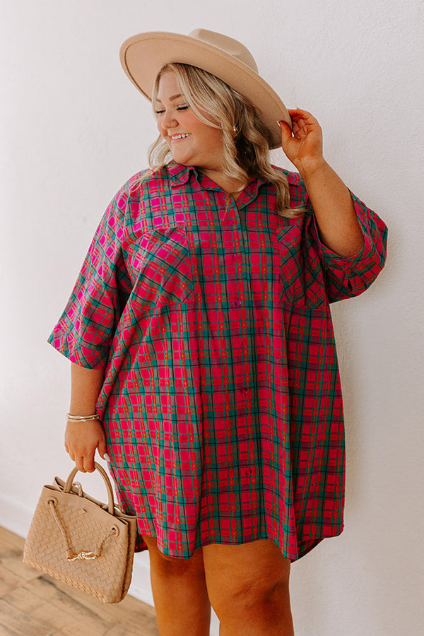 Premium Oversized Plaid Mini Dress - Chic Pink Curves