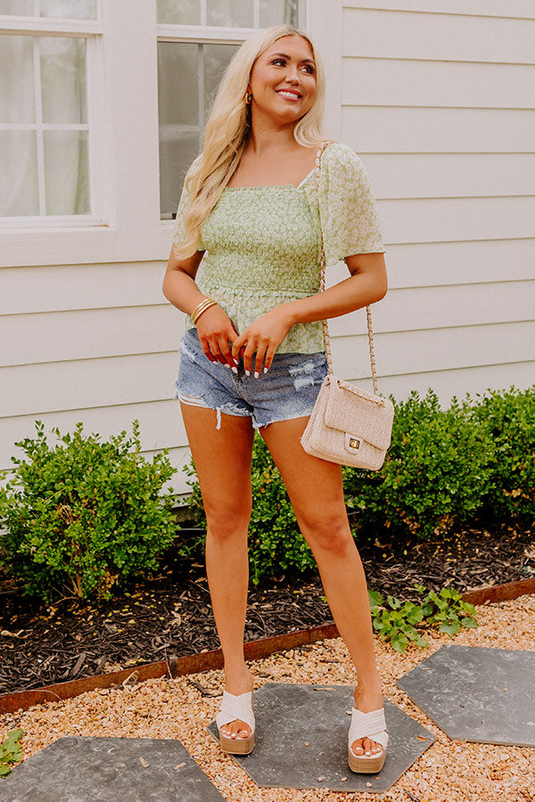 Premium Peonies Smocked Blouse in Vibrant Lime