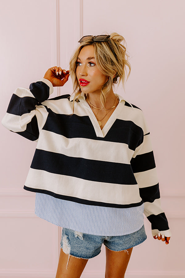 Premium Navy Striped Collar Top – Ultimate Casual Style