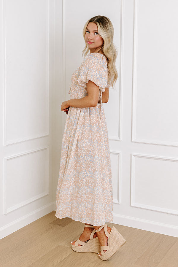 Ultimate Whimsical Daydream Floral Midi Dress in Iced Latte