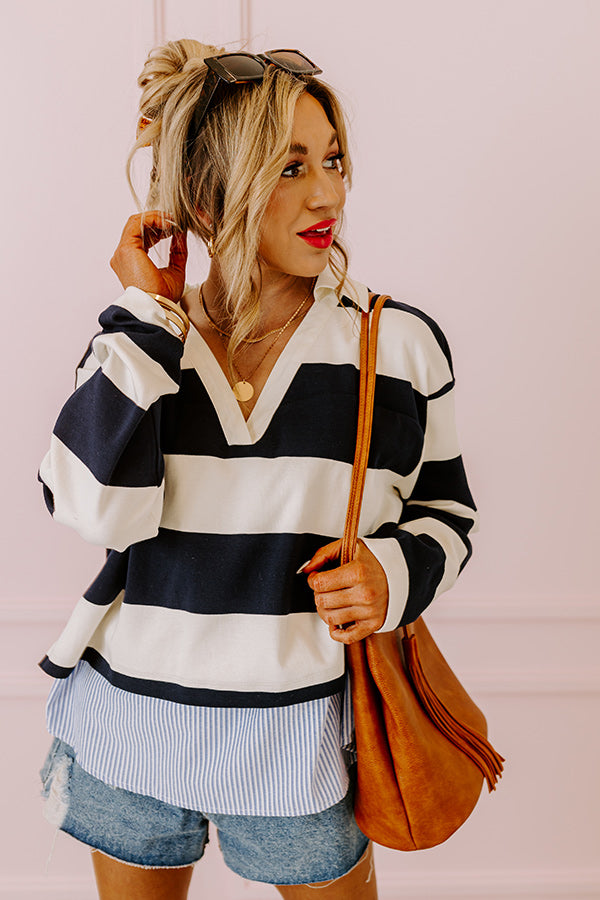 Premium Navy Striped Collar Top – Ultimate Casual Style