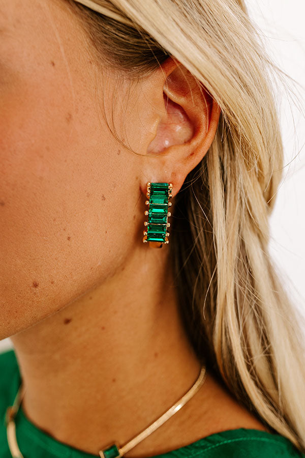 Premium Glam Square Hoop Earrings - Green Rhinestone Accents