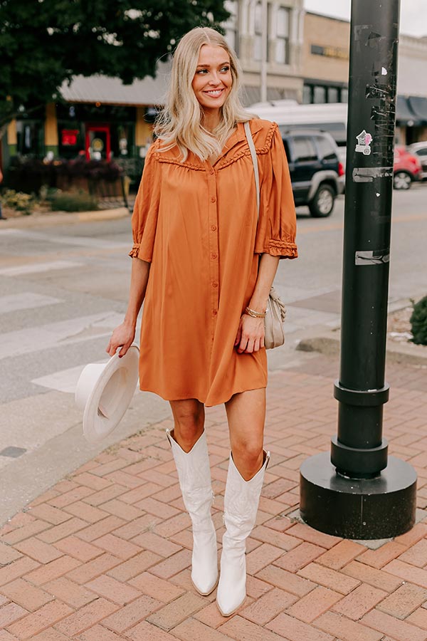 Premium Falling Leaves Button Down Mini Dress in Pumpkin - Ultimate Autumn Style