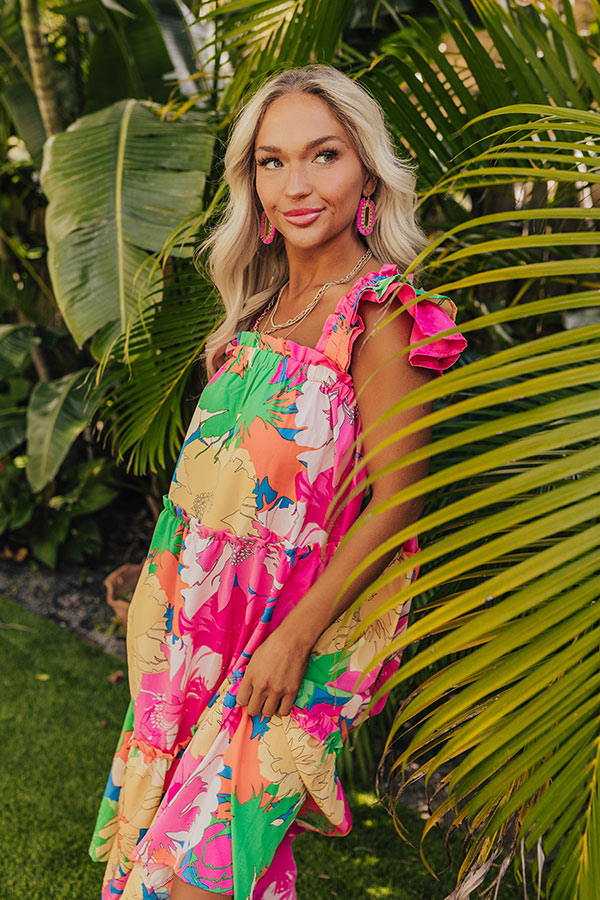 Premium Coastal Dreams Floral Midi Dress - Hot Pink