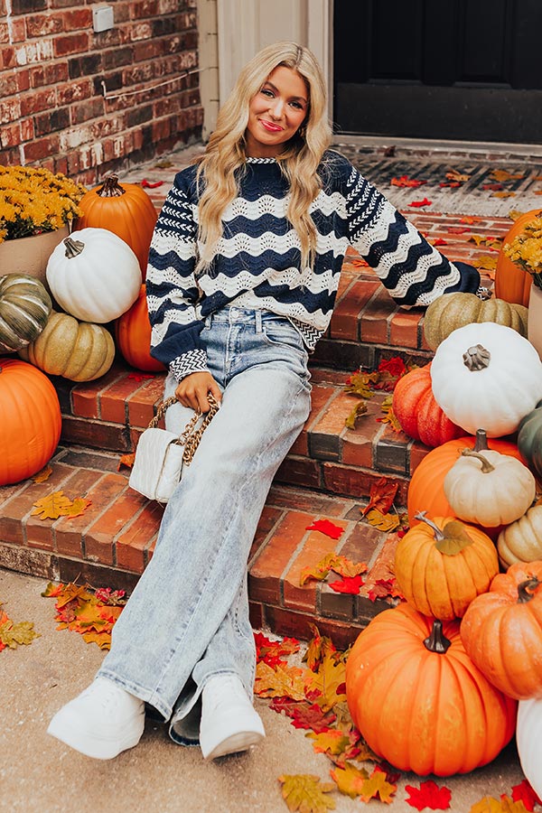 Premium Navy Hot Cocoa Pointelle Knit Sweater - Ultimate Cozy Style