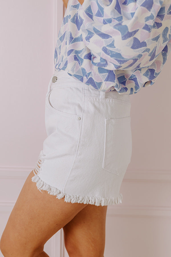 Premium Raella High Waist Distressed Denim Shorts - White