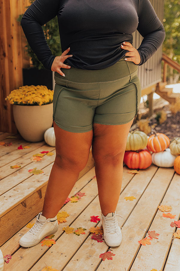 Premium High Waist Athleisure Shorts - Olive Curves | Strive For Greatness Collection