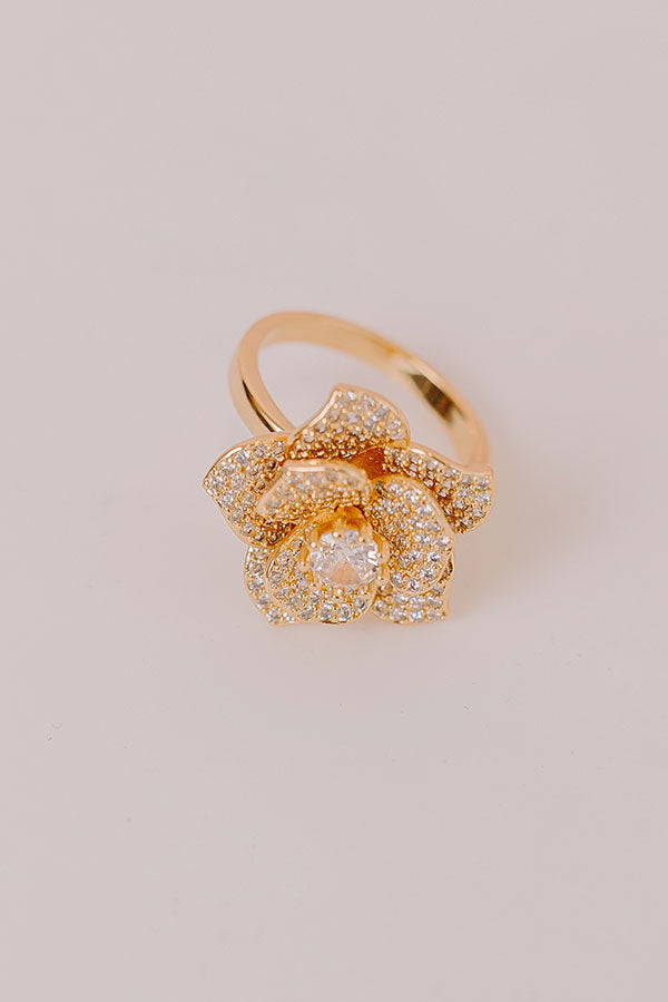 Premium Gold Floral Engagement Ring with Rhinestones