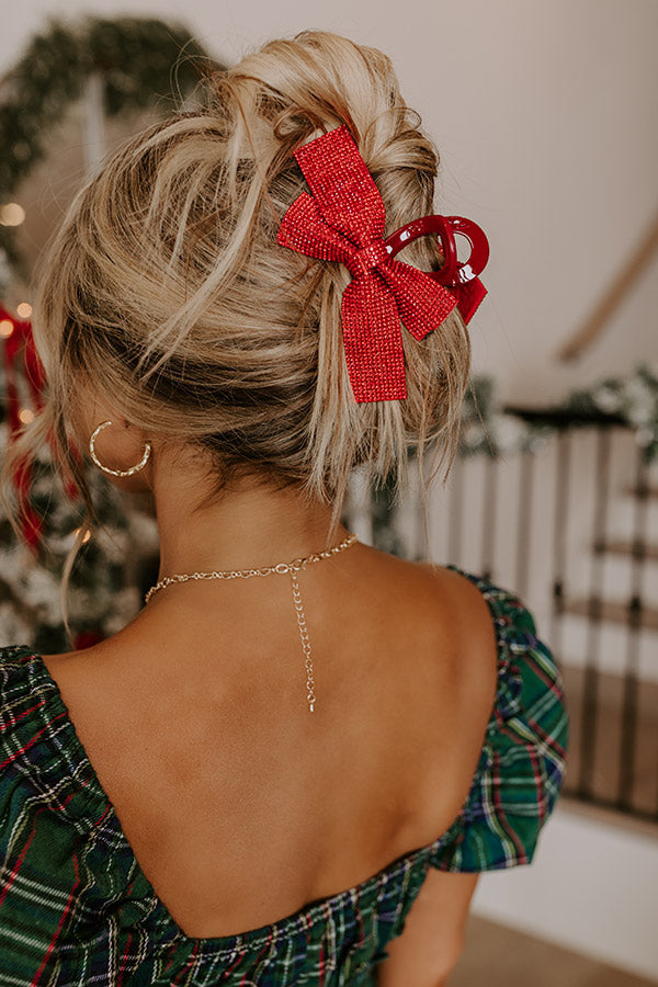 Premium Glam Rhinestone Bow Hair Claw Clip - Red