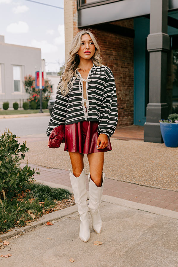 Premium Mulled Wine Stripe Tie-Front Top