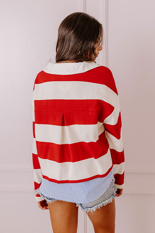 Premium Striped Casual Top - Red & Blue Accent