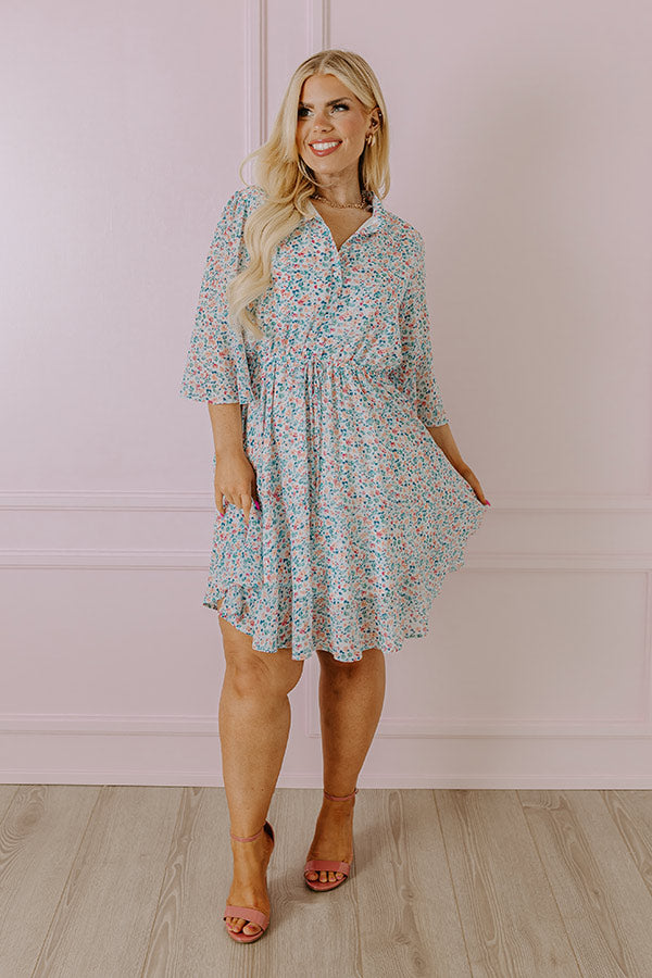 Premium Sky Blue Floral Chiffon Dress with Elastic Waistline