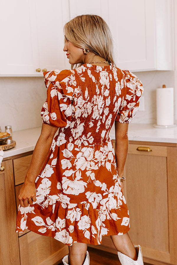 Ultimate Joyful Smiles Smocked Mini Dress in Cinnamon | Premium Cotton Floral Print