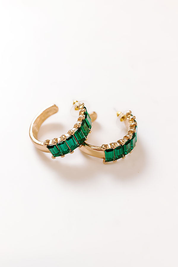 Premium Glam Square Hoop Earrings - Green Rhinestone Accents