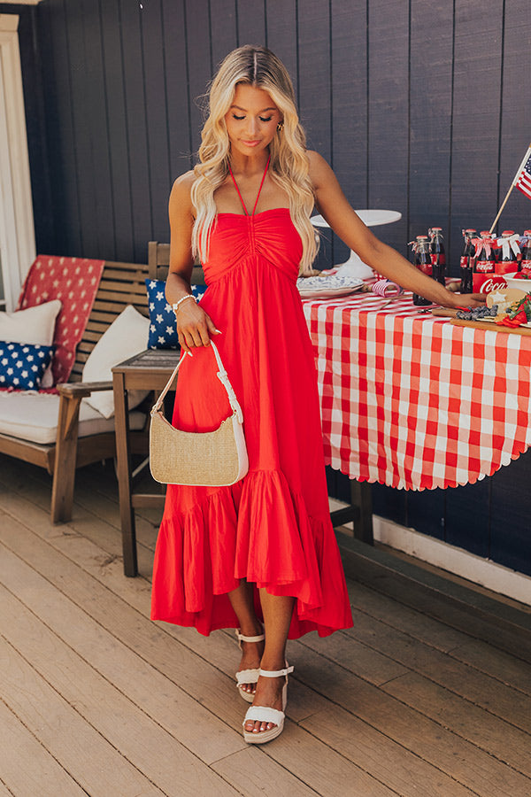 Premium Lakeside Party Halter Midi Dress - Red