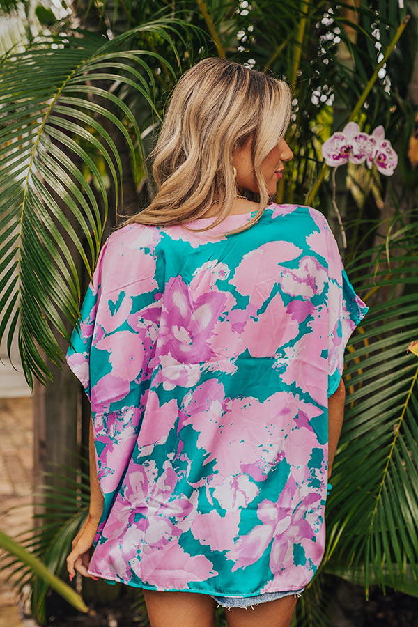 Premium Hibiscus Satin Top - Turquoise Bliss