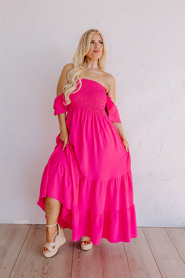 Premium Seaside Chic Smocked Maxi Dress - Hot Pink Curves