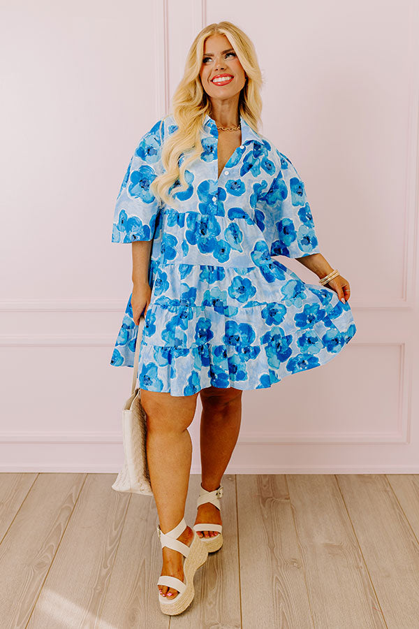 Premium Romantic Shift Dress - Blue Floral Elegance