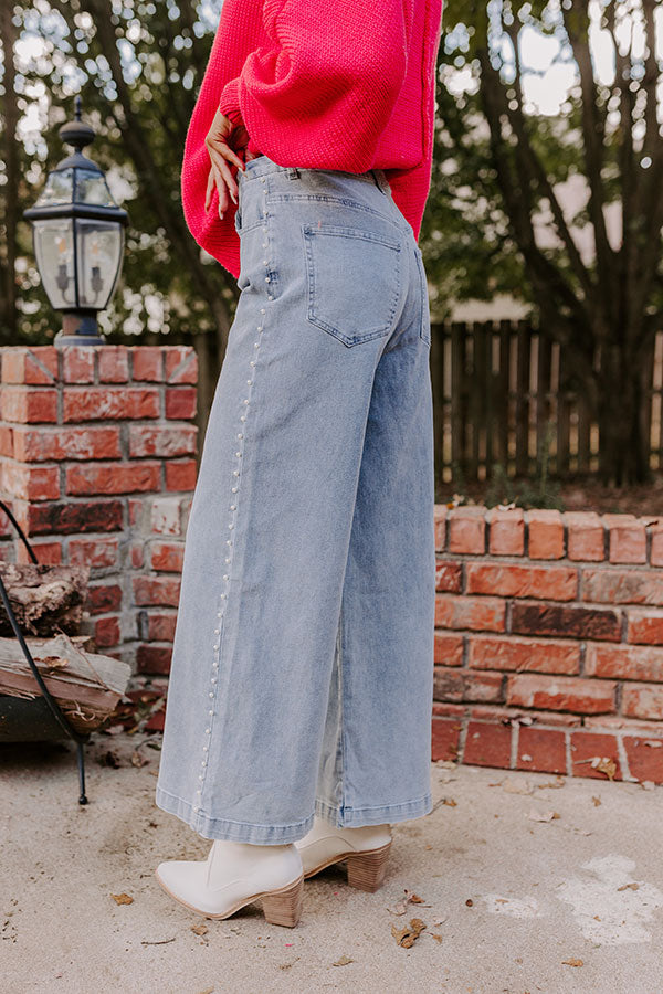 Premium High Waist Pearl-Embellished Jeans | Light Wash Denim