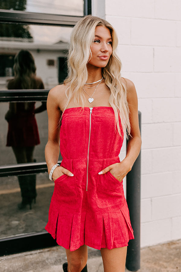 Ultimate Soho Style Corduroy Romper Dress - Red