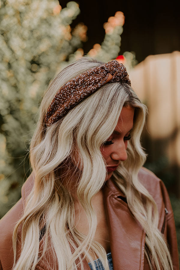 Premium Tweed Headband with Top Knot - Brown Chic