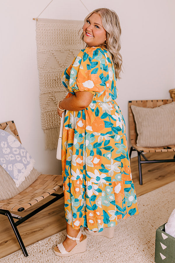 Ultimate Floral Midi Dress - Sunset Orange Elegance