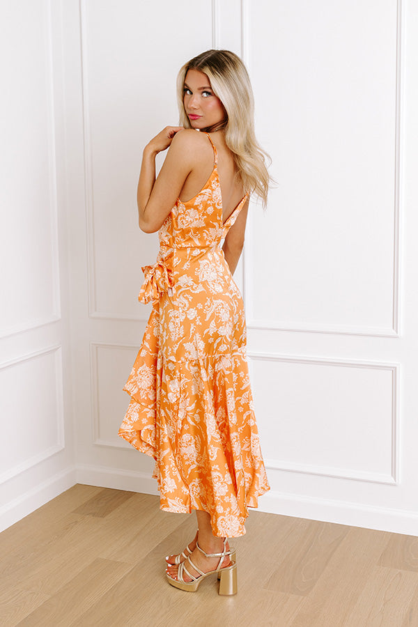 Ultimate Satin Wrap Dress: Orange Floral Elegance