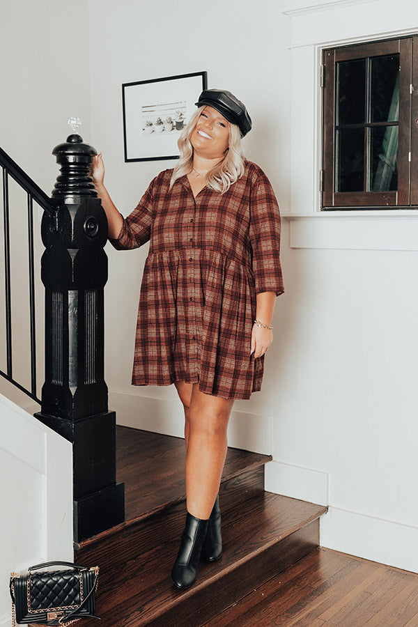 Premium Wine Plaid Tunic Dress - Ultimate Comfort for Curves