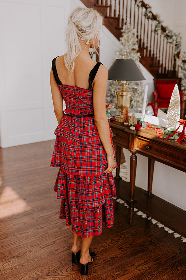 Premium Holiday Harmony Plaid Tiered Midi Dress