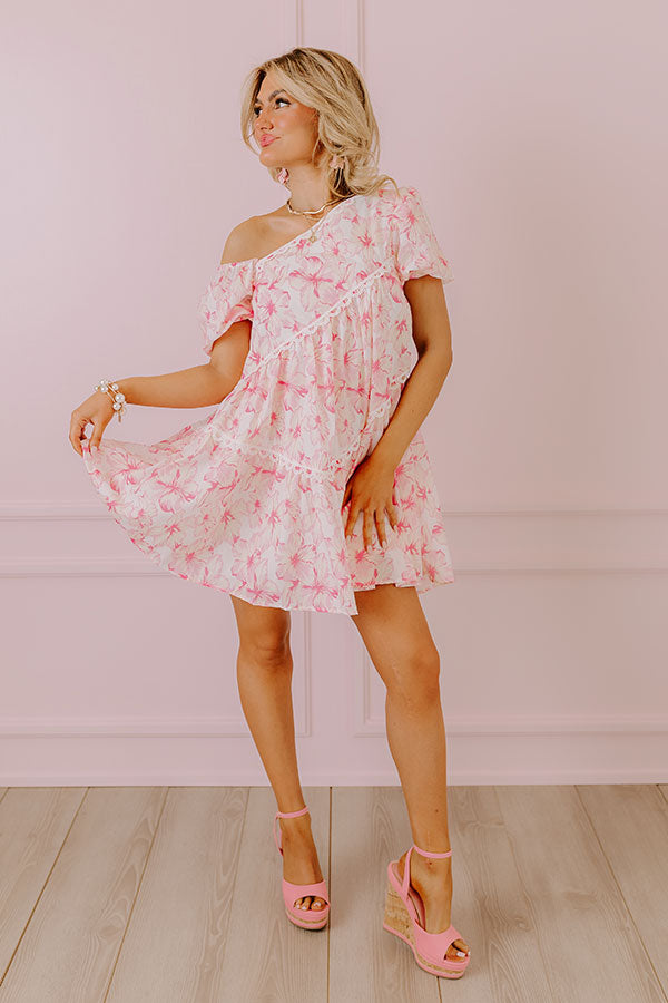 Premium Floral Asymmetrical Mini Dress - Pink Botanical Elegance