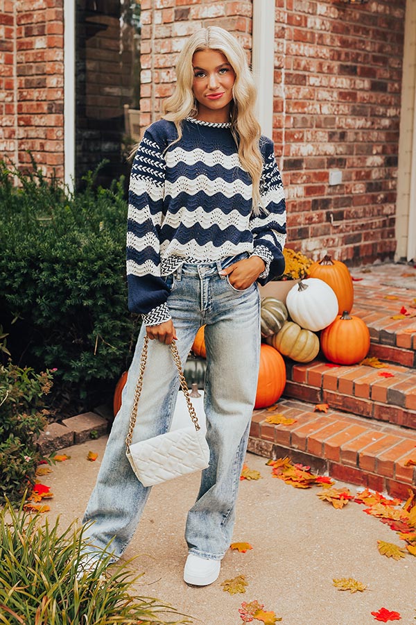 Premium Navy Hot Cocoa Pointelle Knit Sweater - Ultimate Cozy Style