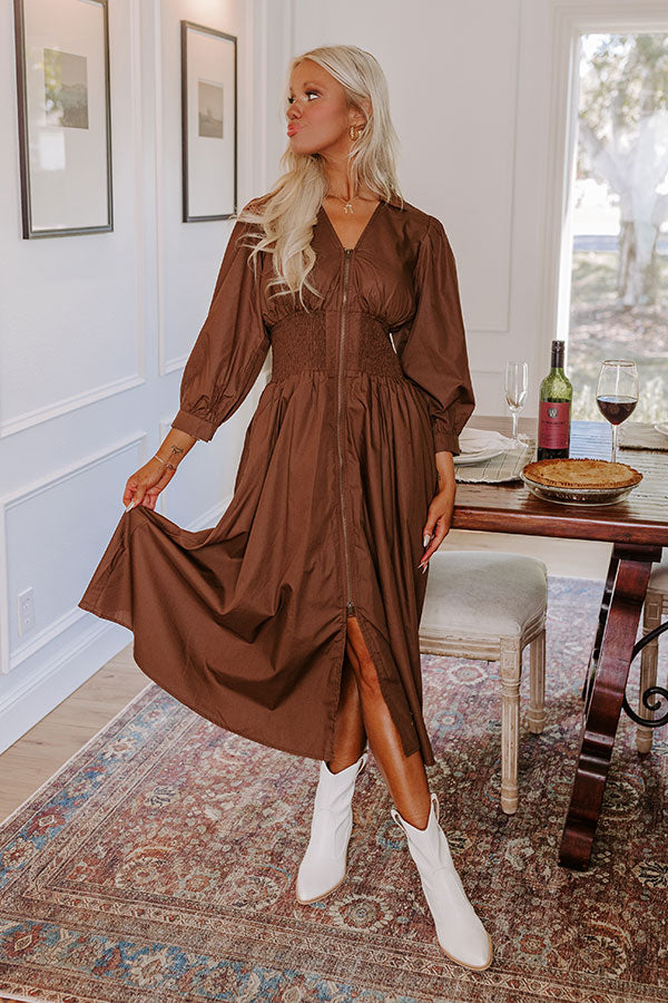 Premium Kind Glance Smocked Midi Dress in Chocolate