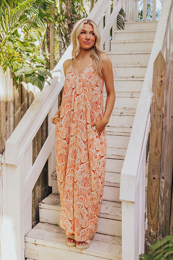 Premium Tranquil Horizon Floral Maxi Dress in Vibrant Orange