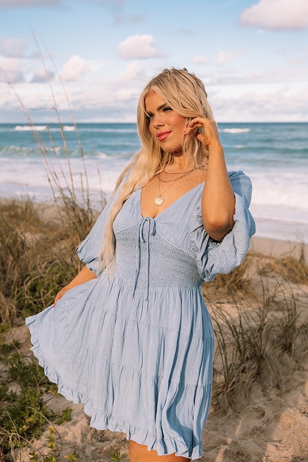 Premium Whispering Muse Smocked Mini Dress - Sky Blue Elegance