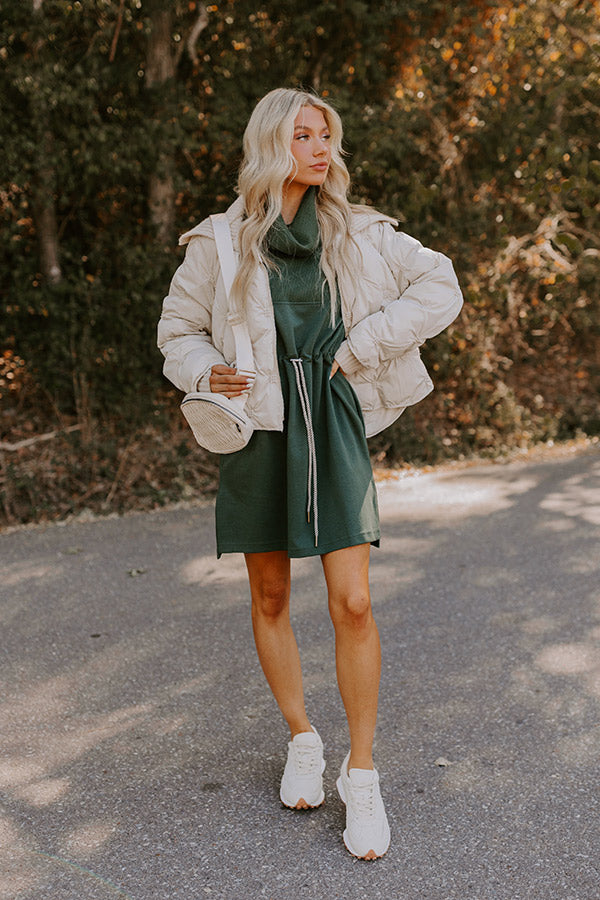 Premium Coffee Shop Cutie Drawstring Mini Dress in Hunter Green - Effortless Style Upgrade