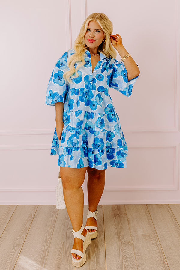 Premium Romantic Shift Dress - Blue Floral Elegance