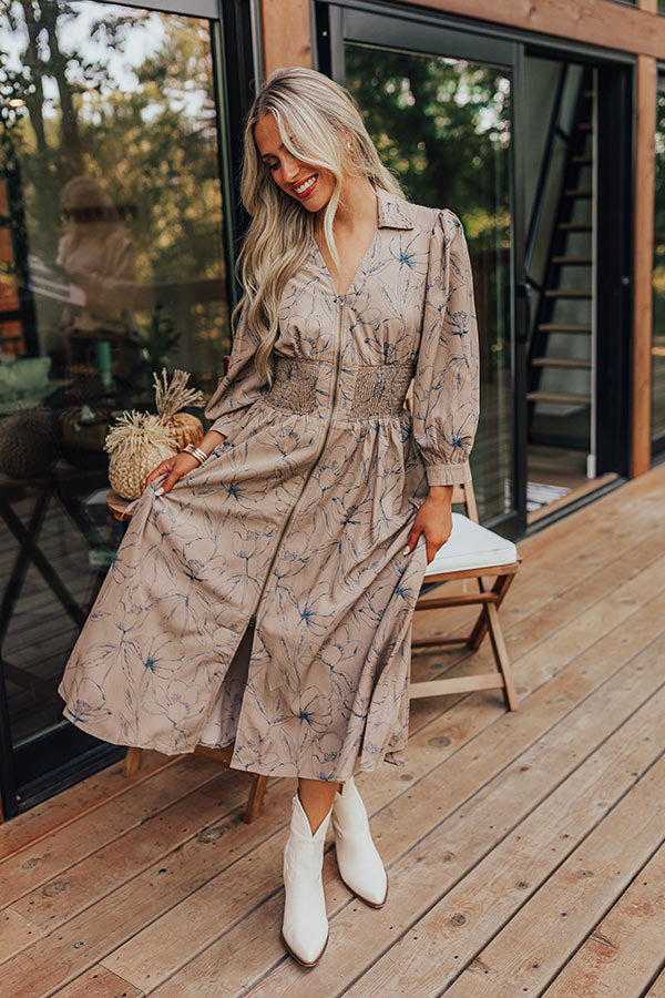 Premium Calmer Days Floral Midi Dress in Taupe